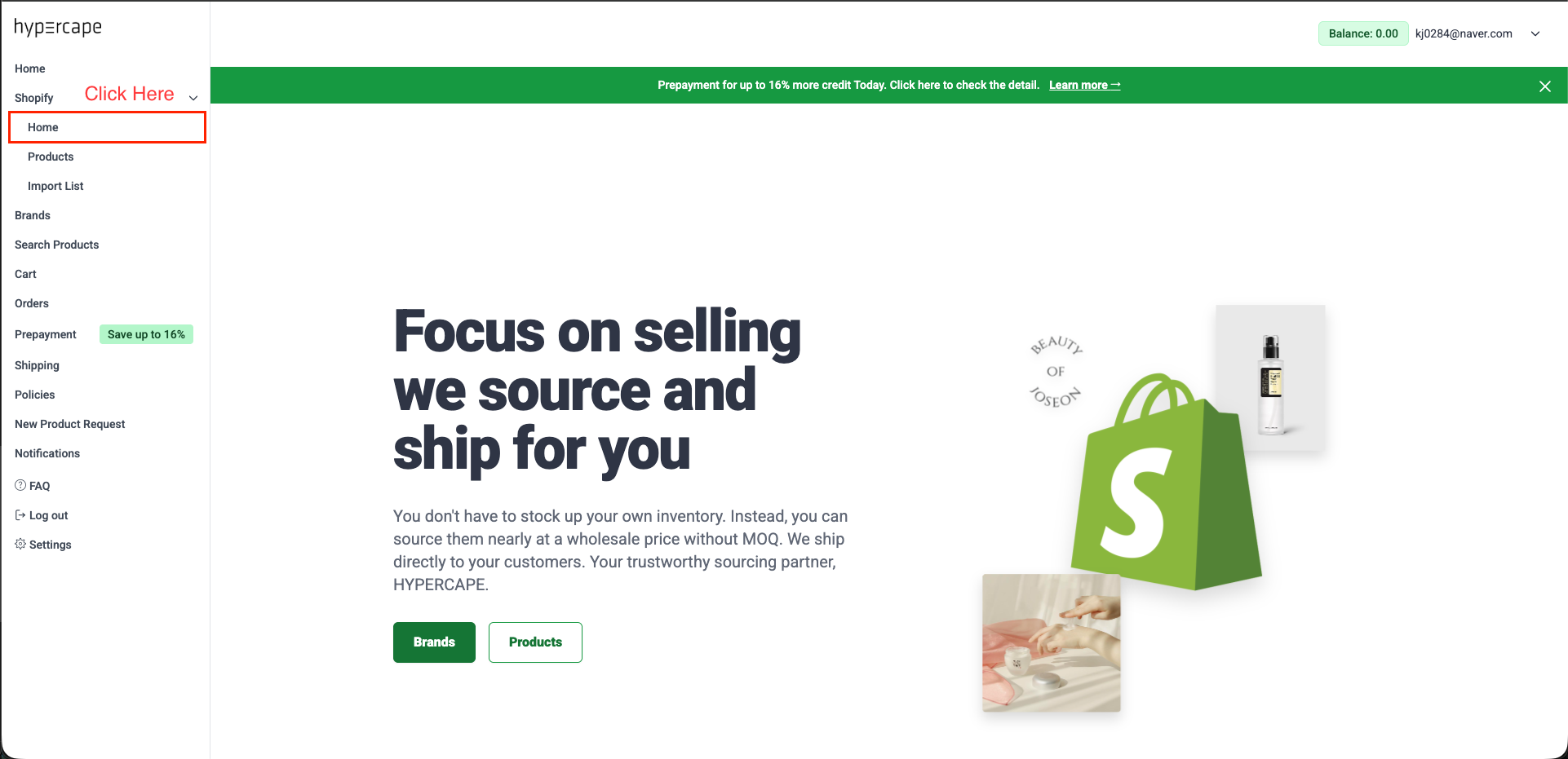 Navigate to Shopify Home